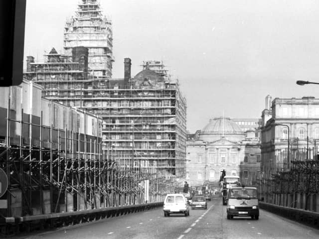 Scaffolding covers almost all of Edinburgh's North Bridge, including the North British (NB) hotel in January 1990.