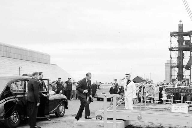 The Duke of Edinburgh visits US Coastguard Cutter Eagle at Leith (July 1962).