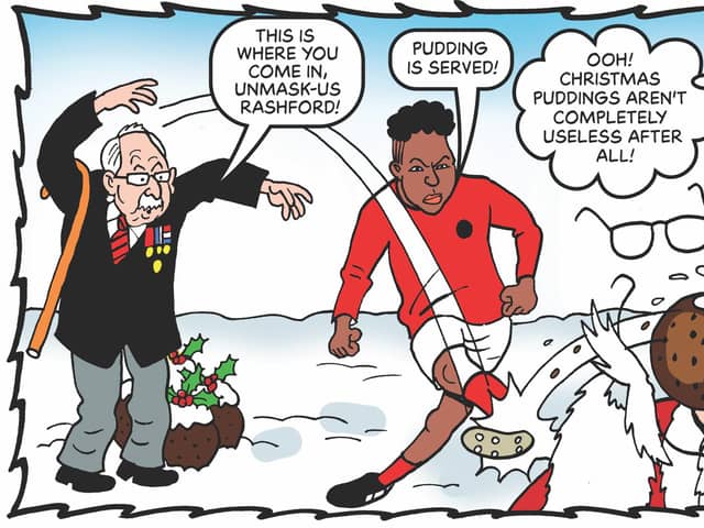 Captain Sir Thomas Moore and Marcus Rashford feature in the Beano's new comic for adults, saving Christmas by rumbling a plan to steal all Christmas presents (Image: PA Media/Beano)