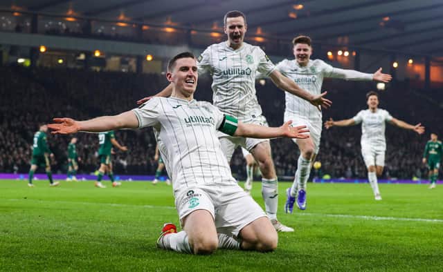 Paul Hanlon celebrates after scoring to make it 1-0 to Hibs. Picture: SNS