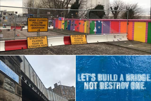 The landmark bridge was painted rainbow colours by the local community in the summer of 2021 with council permission before being condemned in December of the same year. Locals say the bridge, originally completed in 1938, is a vital active travel link, a symbol of Leith's industrial heritage and and a LGTBQ+ monument.