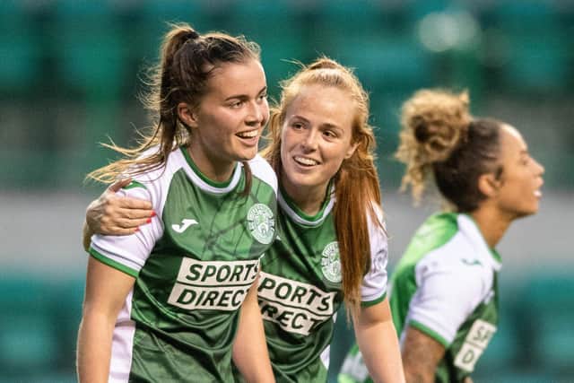 Eilidh Adams celebrates the opener for Hibs with Ellis Notley. Picture: Mark Scates / SNS