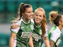 Eilidh Adams celebrates the opener for Hibs with Ellis Notley. Picture: Mark Scates / SNS