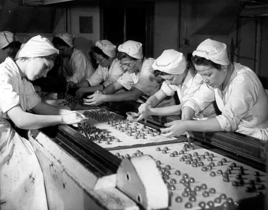 Making chocolate twists at W & M Duncan's famous chocolate factory at Beaverhall Road, 1958.