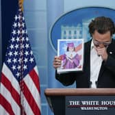 Actor Matthew McConaughey holds an image of Alithia Ramirez, 10, who was killed in the mass shooting at an elementary school in Uvalde, Texas, as he speaks during a press briefing at the White House, Tuesday, June 7, 2022, in Washington. (AP Photo/Evan Vucci)