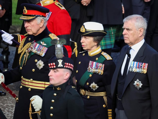 (Left to right) King Charles III, the Princess Royal and the Duke of York walk behind Queen Elizabeth II's coffin during the procession from the Palace of Holyroodhouse to St Giles' Cathedral, Edinburgh. Picture date: Monday September 12, 2022.