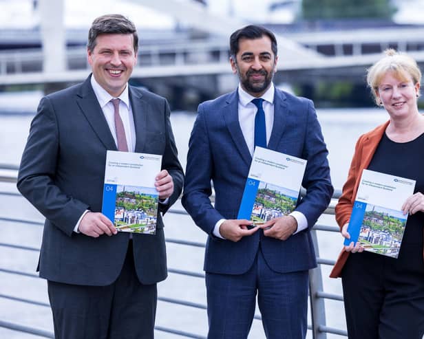 (left to right) Jamie Hepburn, First Minister Humza Yousaf and Deputy First Minister Shona Robison at the launch of the recent Building a New Scotland prospectus paper which detailed plans for a new written constitution (Picture: Robert Perry/PA)