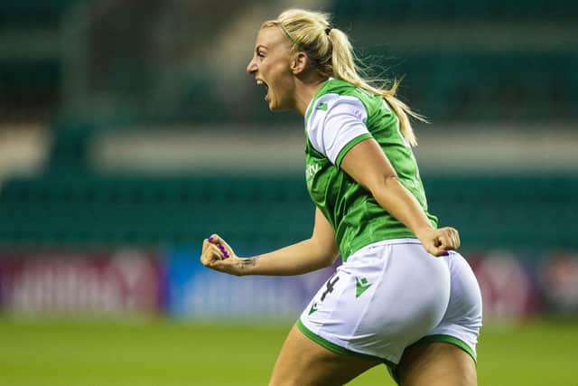 Siobhan Hunter celebrates after scoring against Slavia Prague in the Champions League in 2019. Picture: SNS