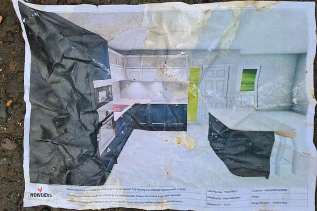 Howdens kitchen design blueprint found in the rubbish dumped on Craigie Farm road (Photo: John Sinclair).