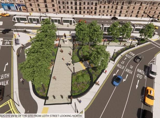 An aerial view of how the roundabout could look, including the tram stop on Picardy Place.