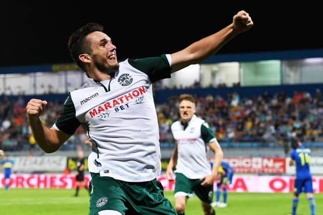 John McGinn celebrates after opening the scoring in Hibs' 1-1 draw away to Asteras Tripolis on August 2, 2018. Pic: SNS Group Ross Parker