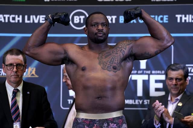 Dillian Whyte during the weigh in at BOXPARK Wembley, London