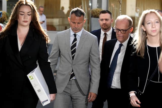 Ryan Giggs arrives at Manchester Crown Court with his legal team on August 09, 2022 in Manchester, England.
