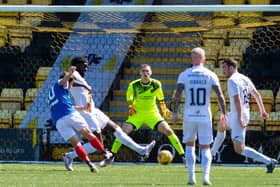 Cowdenbeath's Liam Buchanan fires in the opener to give Livingston a fright in their League Cup match. Photo by Craig Foy / SNS Group