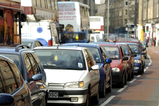 Heavy traffic on Gorgie Road during rush hour due to roadworks on the Western Approach Road.