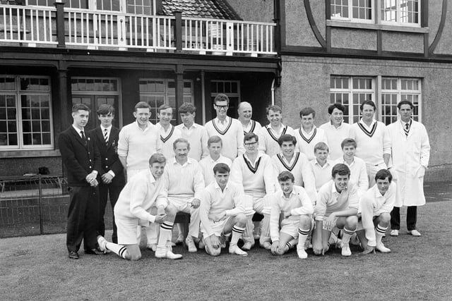 The Royal High School Cricket Team and the Formers Pupils team before their match in July 1965.