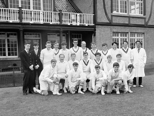The Royal High School Cricket Team and the Formers Pupils team before their match in July 1965.