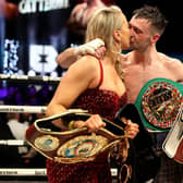 Josh Taylor celebrate with Danielle Murphy after victory in the light welterweight bout against Jack Catterall