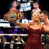 Josh Taylor celebrate with fiancé Danielle Murphy after a controversial victory in the unified light welterweight bout against Jack Catterall in the at the OVO Hydro in Glasgow