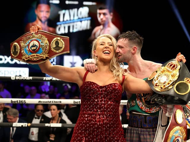Josh Taylor celebrate with fiancé Danielle Murphy after a controversial victory in the unified light welterweight bout against Jack Catterall in the at the OVO Hydro in Glasgow
