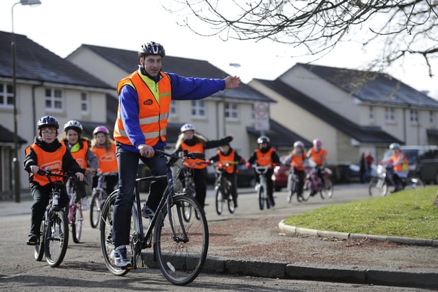 Scottish cycling legend Graham Obree is pictured in March, 2011 in the Redhall area, taking part in new Cycling Proficiency Training with Bikeability Scotland along with pupils from Longstone Primary School.