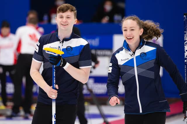 All smiles for Jennifer Dodds and Bruce Mouat at the World Mixed Doubles Championship in Aberdeen. Picture: Celine Stucki/WCF