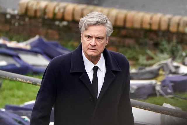 Colin Firth on set in Bathgate, West Lothian, during filming for an upcoming Sky series about the Lockerbie bombing.  Photo credit: Andrew Milligan/PA Wire