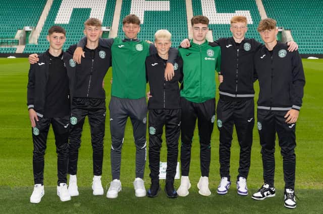 The Hibs academy graduates to receive their first professional contracts - minus the absent Josh Landers. Picture: Hibs FC