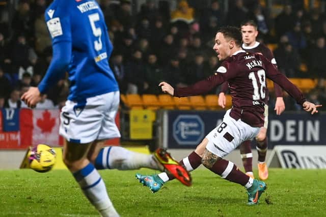 Barrie McKay scores a minute after coming on to make it 3-1 to Hearts at McDiarmid Park. Picture: Paul Devlin / SNS