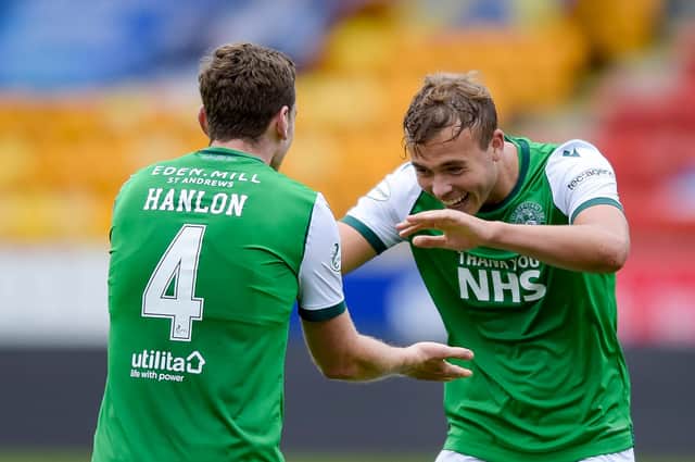 Hibernian's Ryan Porteous and Paul Hanlon are looking to do enough with their club to ensure further Scotland call-ups.  Photo by Mark Scates / SNS Group