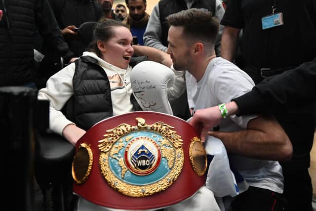 Fan Kirsti-Ann gets to meet her hero Josh Taylor during the public workout at the St Enoch's Centre in Glasgow