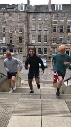 Three of the 24 relay runners training outside McEwan Hall (from left to right) Michael Lynch, Lucien Staddon Foster and Sam Doble Thomson.