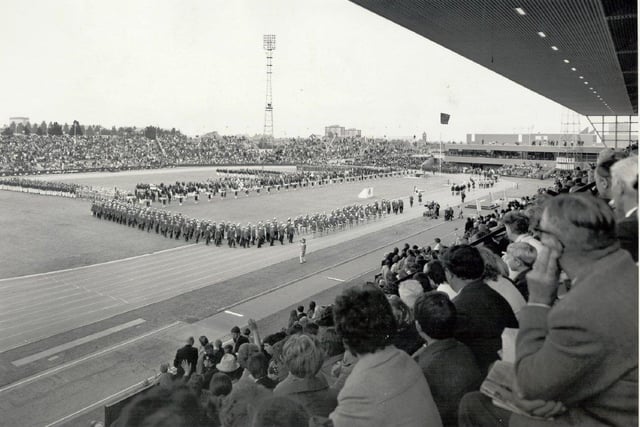 Watching the opening ceremony of the 1970 Edinburgh Commonwealth Games from the stands.
