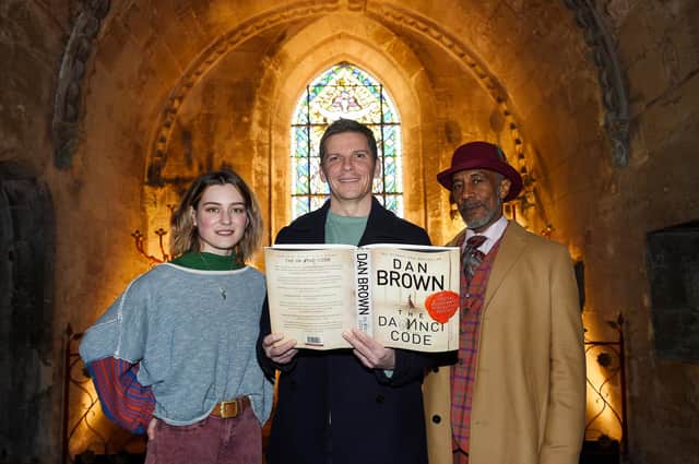 Stars of The Da Vinci Code Leigh Lothian, Nigel Harman and Danny John-Jules at Rosslyn Chapel. Pic Greg Macvean.