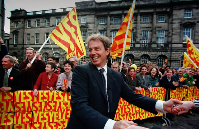 Tony Blair in Edinburgh's Parliament Square the morning after the devolution referendum delivered a decisive Yes Yes vote (Picture: Allan Milligan)