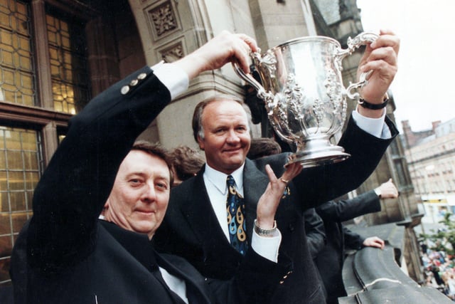 Dave Richards and Ron Atkinson celebrate Wednesday's Rumbelows Cup win in April 1991.