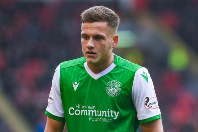 Hibernian’s Jamie Gullan during the Ladbrokes Premiership match against Aberdeen at Pittodrie Stadium on March 07, 2020. (Photo by Craig Foy / SNS Group)