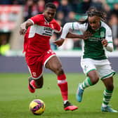 Hibs winger Jair Tavares tries to get past Middlesbrough's Anfernee Dijksteel during Saturday's friendly match