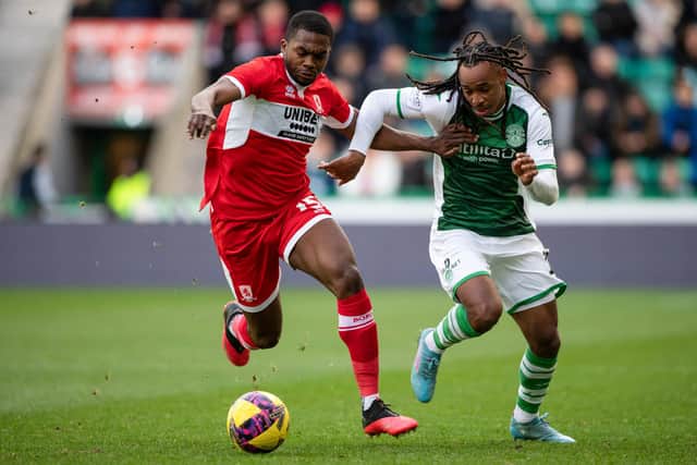 Hibs winger Jair Tavares tries to get past Middlesbrough's Anfernee Dijksteel during Saturday's friendly match