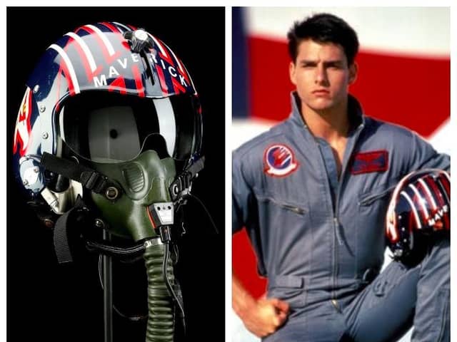 The fighter pilot helmet, left, and Tom Cruise in Top Gun, right.