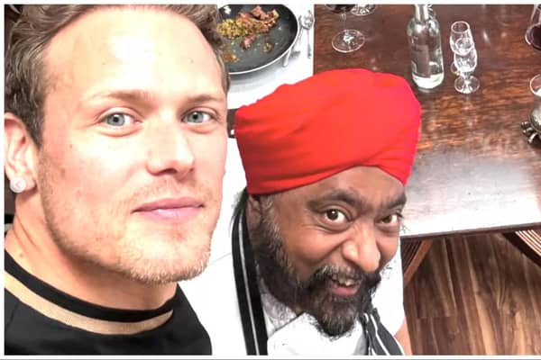 Sam Heughan, left,  and the Outlander crew this week were guests of TV chef Tony Singh, right, at The Supper Club in Edinburgh. Photo: Sam Heughan Instagram
