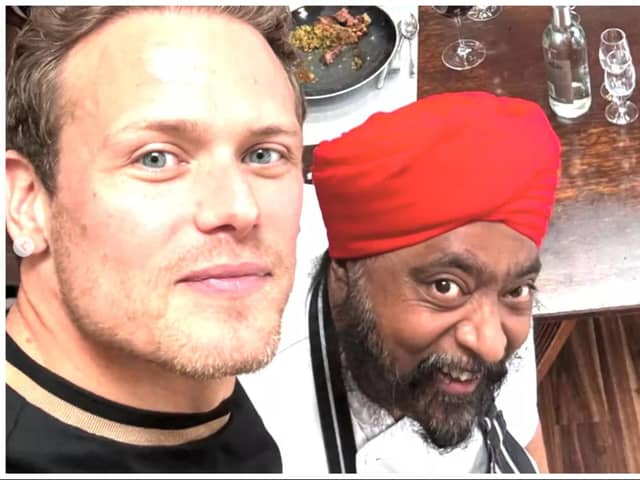 Sam Heughan, left,  and the Outlander crew this week were guests of TV chef Tony Singh, right, at The Supper Club in Edinburgh. Photo: Sam Heughan Instagram