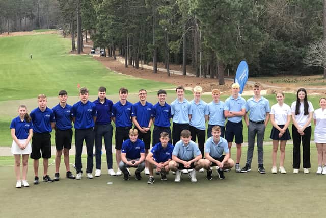 The 20  East Lothian Junior League players involved in the trip to North Carolina pictured by the 18th green at the Mid Pines course at Pinehurst. Picture: East Lothian Junior League