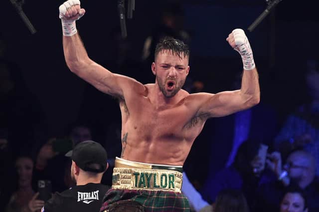 Taylor reacts after his win by unanimous decision over Jose Ramirez in their junior welterweight world unification title fight at Virgin Hotels, Las Vegas