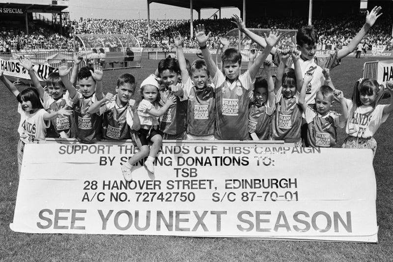 Young fans at the Hands Off Hibs rally at Easter Road on 9 June 1990.