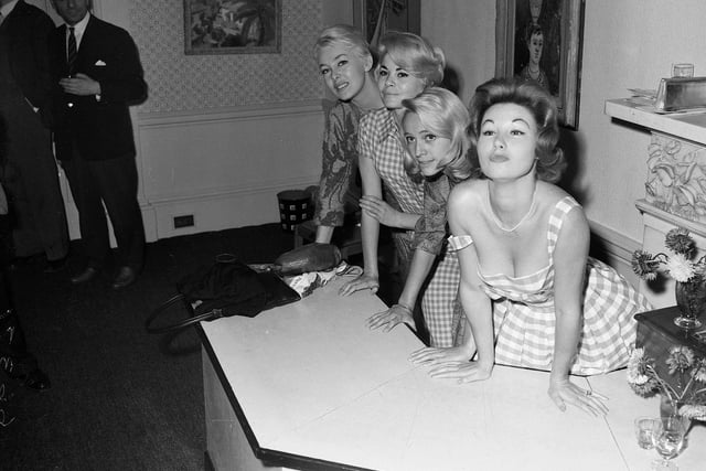 French film stars add a touch of glamour to the 1958 Film Festival in the Film House. (left to right) Noelle Adam, Dominique Wilms, Nicole Berger, and Nadine Tallier