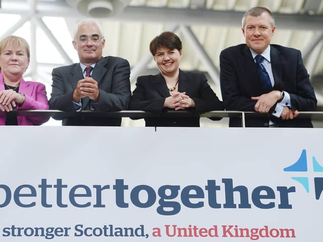 Launch of the Better Together campaign in 2012 with, left to right, Scottish Labour Leader, Johann Lamont MSP; Alistair Darling, leader of the cross party campaign; Scottish Conservative Leader Ruth Davidson MSP and Scottish Liberal Democrat Leader, Willie Rennie MSP