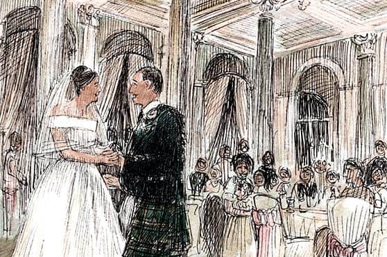 Megan and Jamie Maxwell have their first dance under their favourite chandelier