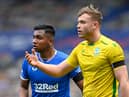Rangers' Alfredo Morelos (left) with Ryan Porteous before the Hibs man was sent off in Sunday's league match. Photo by Rob Casey / SNS Group