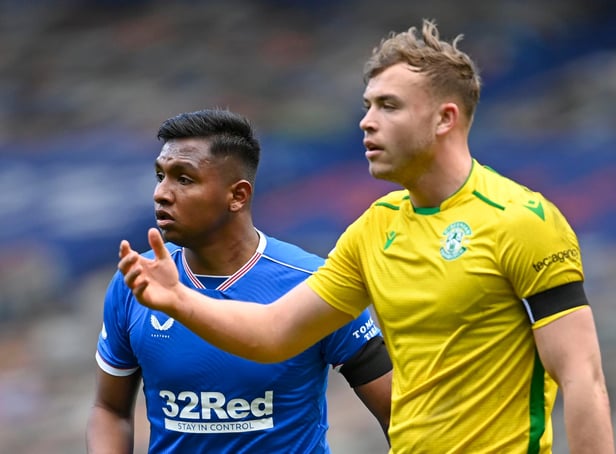 Rangers' Alfredo Morelos (left) with Ryan Porteous before the Hibs man was sent off in Sunday's league match. Photo by Rob Casey / SNS Group